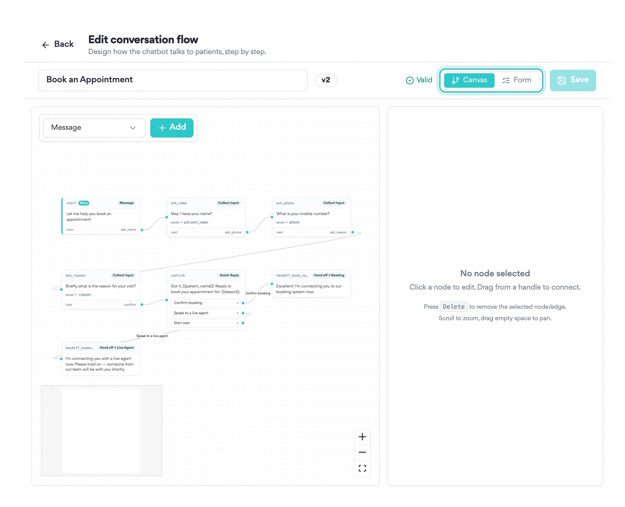 The visual flow editor: a booking conversation mapped as connected steps, with a canvas and form view toggle